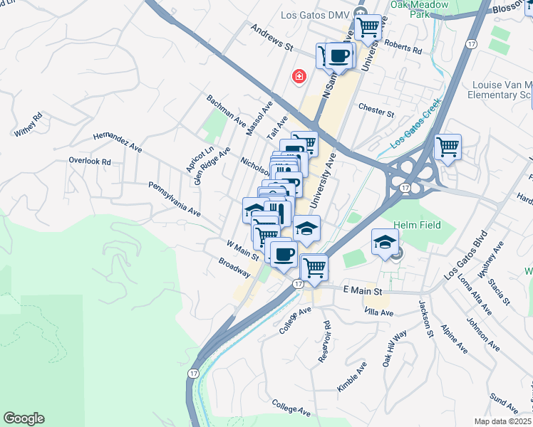 map of restaurants, bars, coffee shops, grocery stores, and more near 110 Tait Avenue in Los Gatos