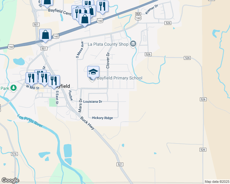 map of restaurants, bars, coffee shops, grocery stores, and more near 609 Magnolia Court in Bayfield