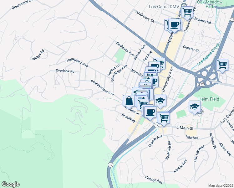 map of restaurants, bars, coffee shops, grocery stores, and more near 32 Pennsylvania Avenue in Los Gatos