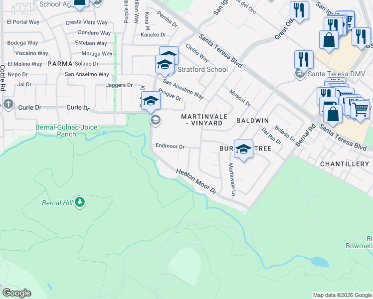 map of restaurants, bars, coffee shops, grocery stores, and more near 6828 Endmoor Drive in San Jose