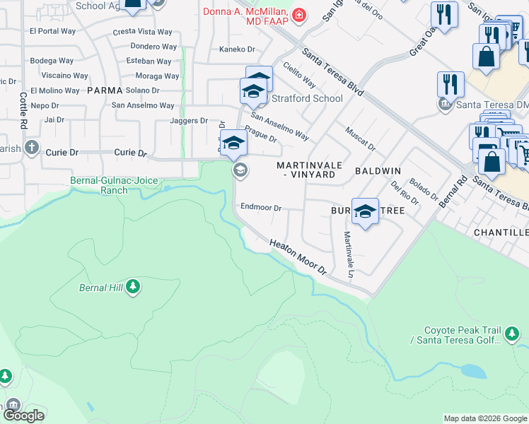 map of restaurants, bars, coffee shops, grocery stores, and more near 6788 Endmoor Drive in San Jose