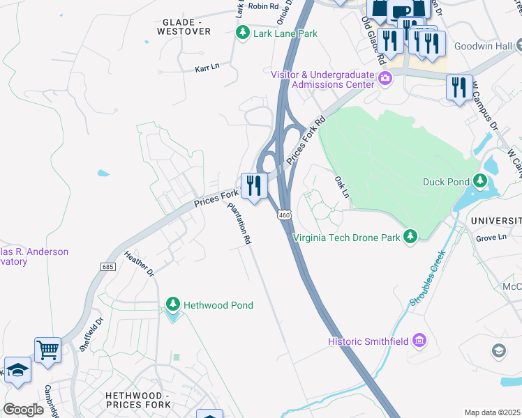 map of restaurants, bars, coffee shops, grocery stores, and more near 900 Plantation Road in Blacksburg