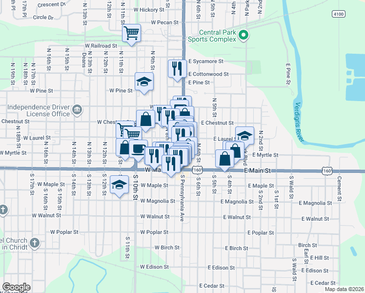 map of restaurants, bars, coffee shops, grocery stores, and more near 110 East Laurel Street in Independence