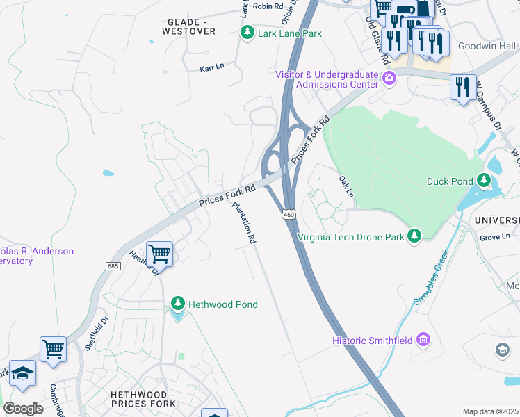 map of restaurants, bars, coffee shops, grocery stores, and more near 900 Plantation Road in Blacksburg
