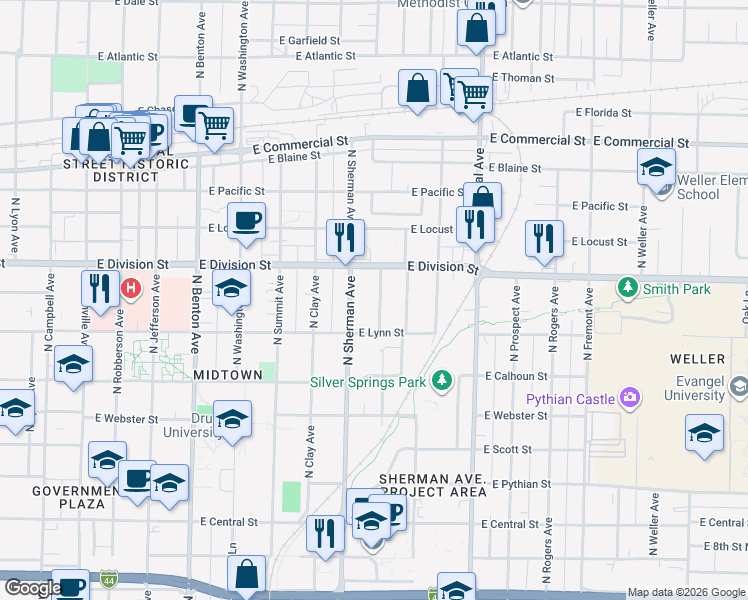 map of restaurants, bars, coffee shops, grocery stores, and more near 1456 North Texas Avenue in Springfield
