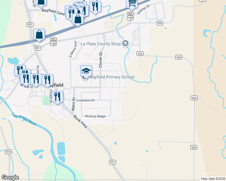 map of restaurants, bars, coffee shops, grocery stores, and more near 608 Magnolia Court in Bayfield