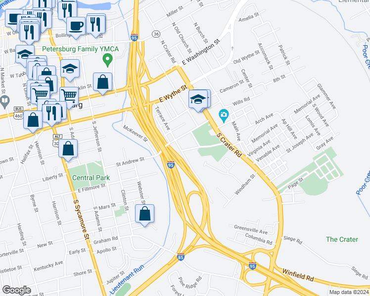 map of restaurants, bars, coffee shops, grocery stores, and more near 507 Saint Andrew Street in Petersburg