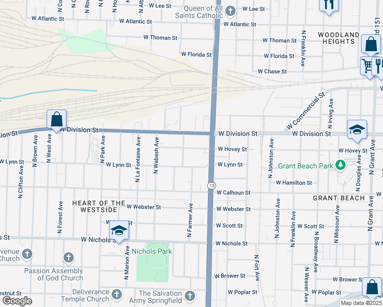 map of restaurants, bars, coffee shops, grocery stores, and more near 1706 West Hovey Street in Springfield
