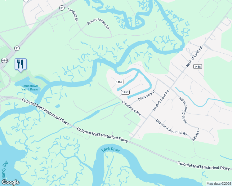 map of restaurants, bars, coffee shops, grocery stores, and more near 103 Lands End Dr in Williamsburg