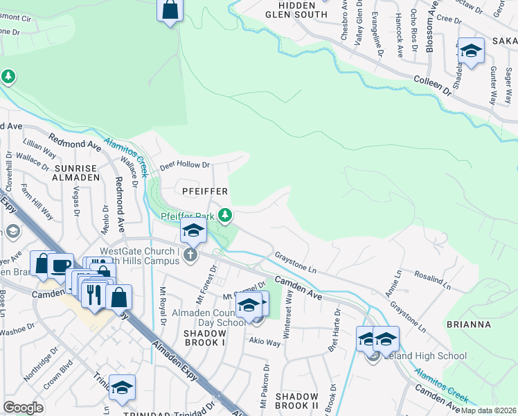 map of restaurants, bars, coffee shops, grocery stores, and more near 6565 Stonehill Drive in San Jose