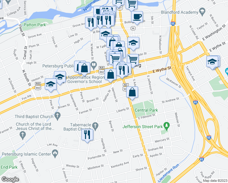 map of restaurants, bars, coffee shops, grocery stores, and more near 105 Halifax Street in Petersburg