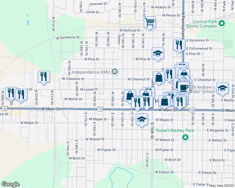 map of restaurants, bars, coffee shops, grocery stores, and more near 701 West Laurel Street in Independence