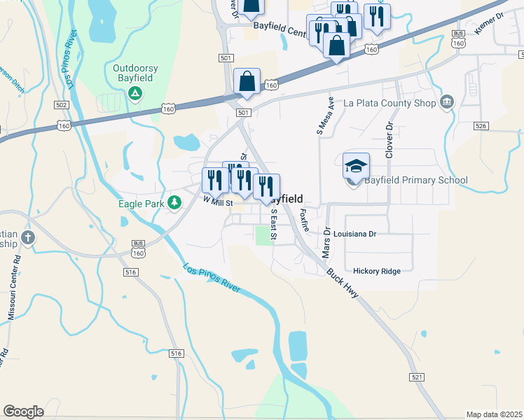 map of restaurants, bars, coffee shops, grocery stores, and more near 89 East Mill Street in Bayfield