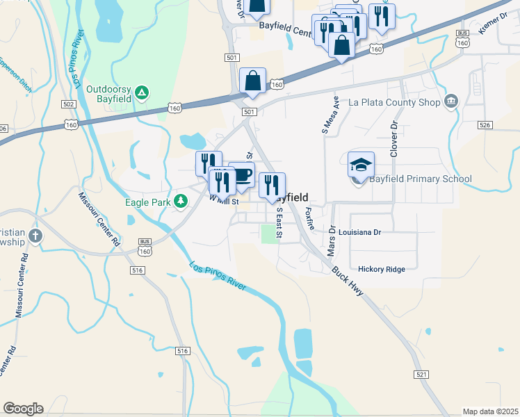 map of restaurants, bars, coffee shops, grocery stores, and more near 89 East Mill Street in Bayfield