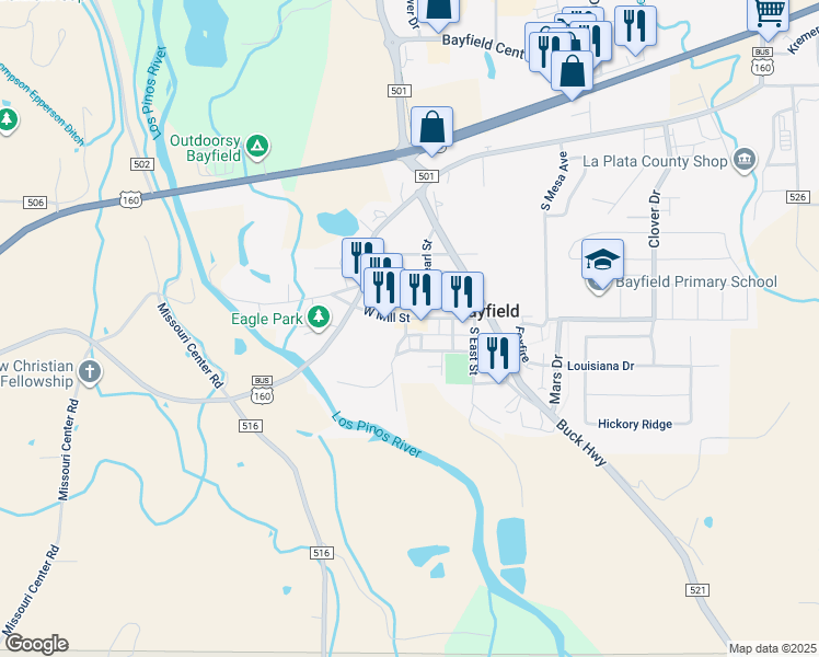 map of restaurants, bars, coffee shops, grocery stores, and more near 25 W Mill St in Bayfield
