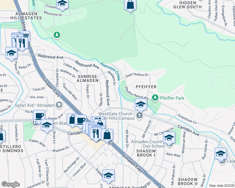 map of restaurants, bars, coffee shops, grocery stores, and more near 963 Wallace Drive in San Jose