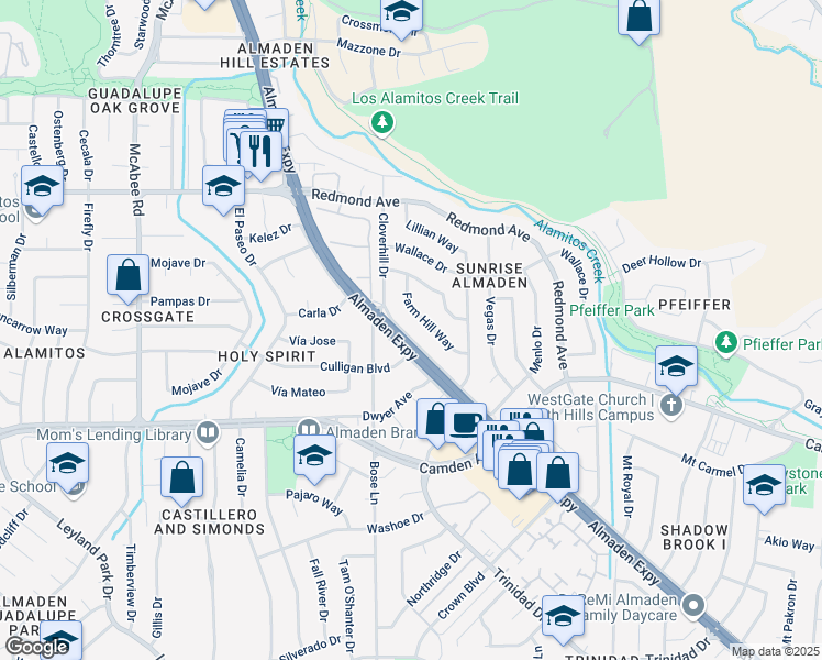 map of restaurants, bars, coffee shops, grocery stores, and more near 6372 Almaden Road in San Jose