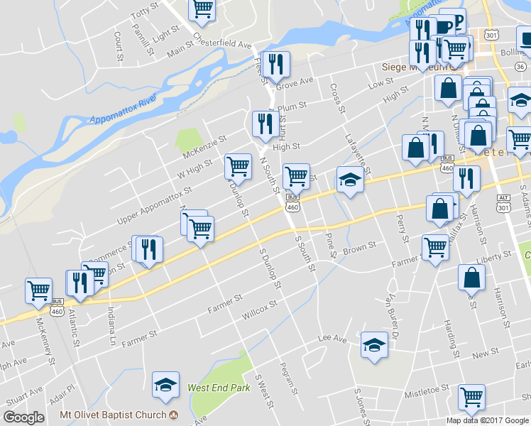 map of restaurants, bars, coffee shops, grocery stores, and more near 829 West Washington Street in Petersburg