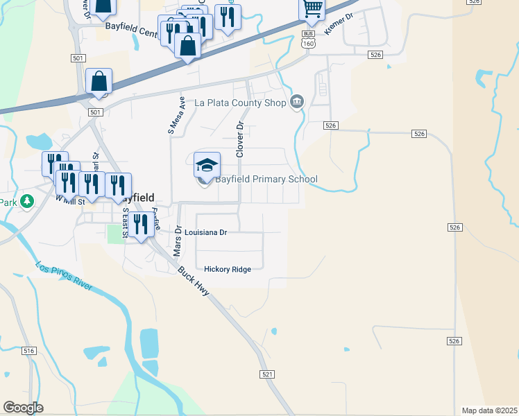 map of restaurants, bars, coffee shops, grocery stores, and more near 609 Magnolia Court in Bayfield