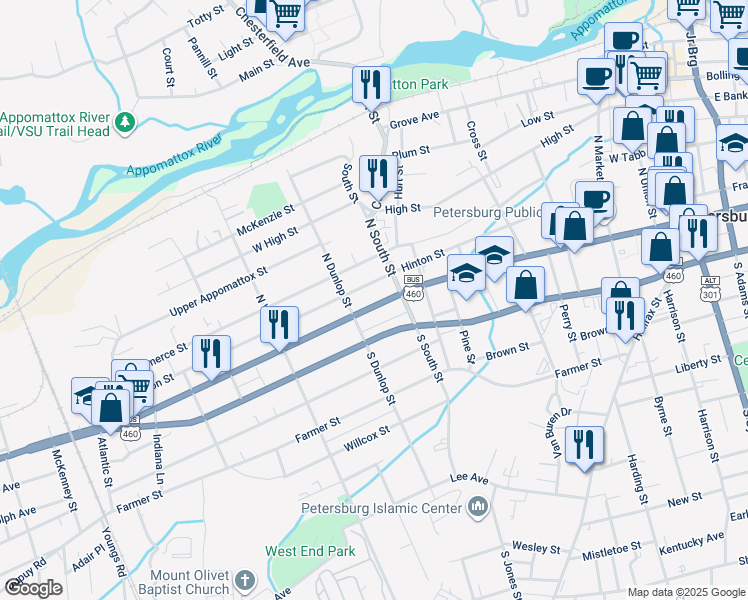 map of restaurants, bars, coffee shops, grocery stores, and more near 829 West Washington Street in Petersburg