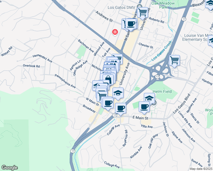 map of restaurants, bars, coffee shops, grocery stores, and more near 133 North Santa Cruz Avenue in Los Gatos