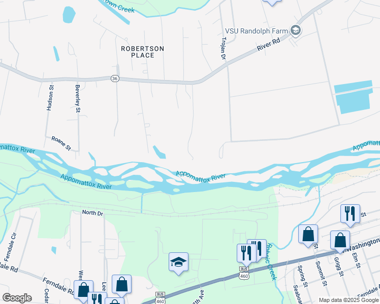 map of restaurants, bars, coffee shops, grocery stores, and more near 4703 River Road in Petersburg