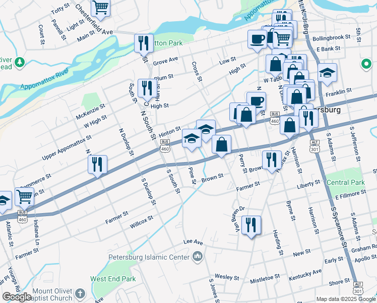 map of restaurants, bars, coffee shops, grocery stores, and more near 21 Pine Street in Petersburg