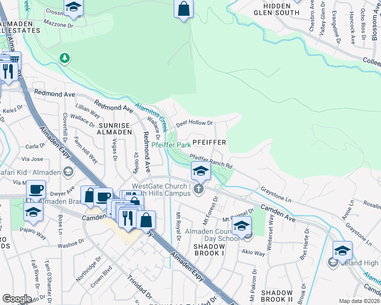 map of restaurants, bars, coffee shops, grocery stores, and more near 6480 Pfeiffer Ranch Road in San Jose