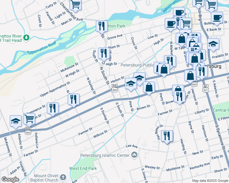 map of restaurants, bars, coffee shops, grocery stores, and more near 713 West Washington Street in Petersburg