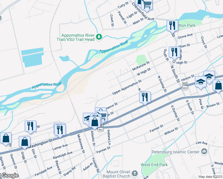 map of restaurants, bars, coffee shops, grocery stores, and more near 1238 West High Street in Petersburg