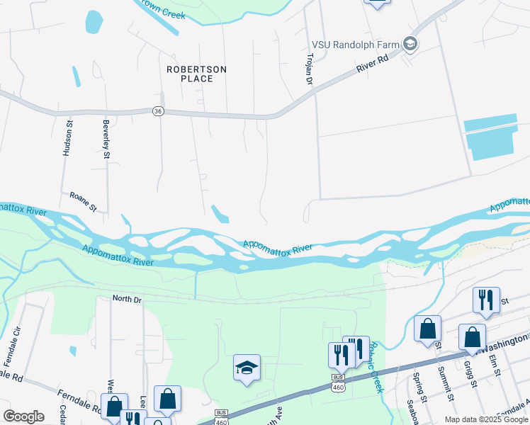 map of restaurants, bars, coffee shops, grocery stores, and more near 4703 River Road in Petersburg