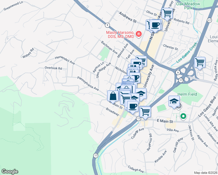 map of restaurants, bars, coffee shops, grocery stores, and more near 39 Bayview Avenue in Los Gatos