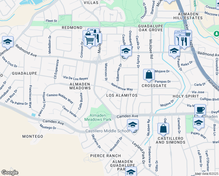map of restaurants, bars, coffee shops, grocery stores, and more near 6107 Paso Los Cerritos in San Jose
