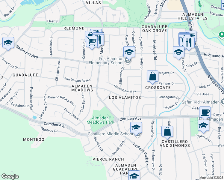 map of restaurants, bars, coffee shops, grocery stores, and more near 6107 Paso Los Cerritos in San Jose