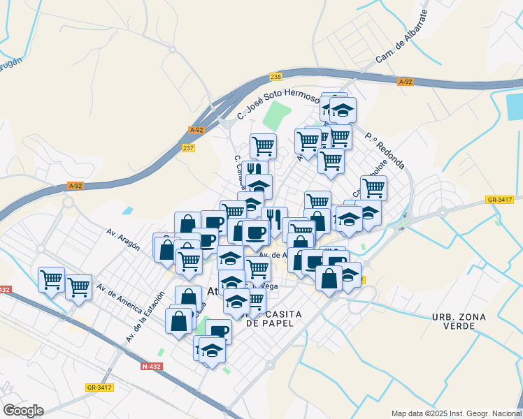map of restaurants, bars, coffee shops, grocery stores, and more near 6 Calle Santiago López Castro in Atarfe