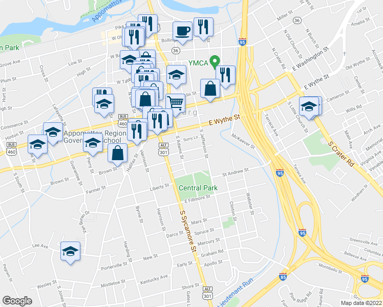 map of restaurants, bars, coffee shops, grocery stores, and more near 120 Marshall Street in Petersburg