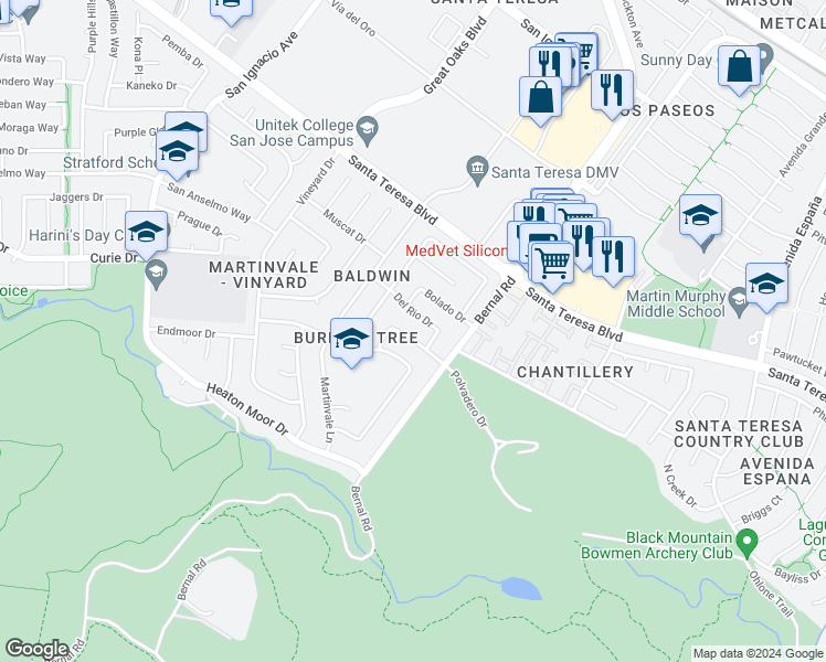 map of restaurants, bars, coffee shops, grocery stores, and more near 6994 Polvadero Drive in San Jose