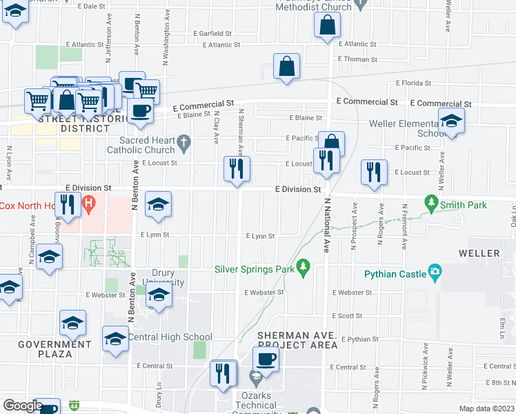 map of restaurants, bars, coffee shops, grocery stores, and more near 1445 North Texas Avenue in Springfield