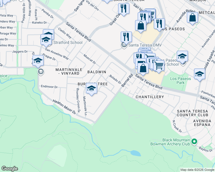 map of restaurants, bars, coffee shops, grocery stores, and more near 6971 Del Rio Drive in San Jose