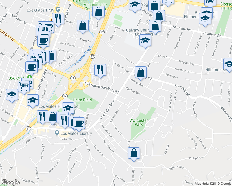 map of restaurants, bars, coffee shops, grocery stores, and more near 317 County Highway G10 in Los Gatos