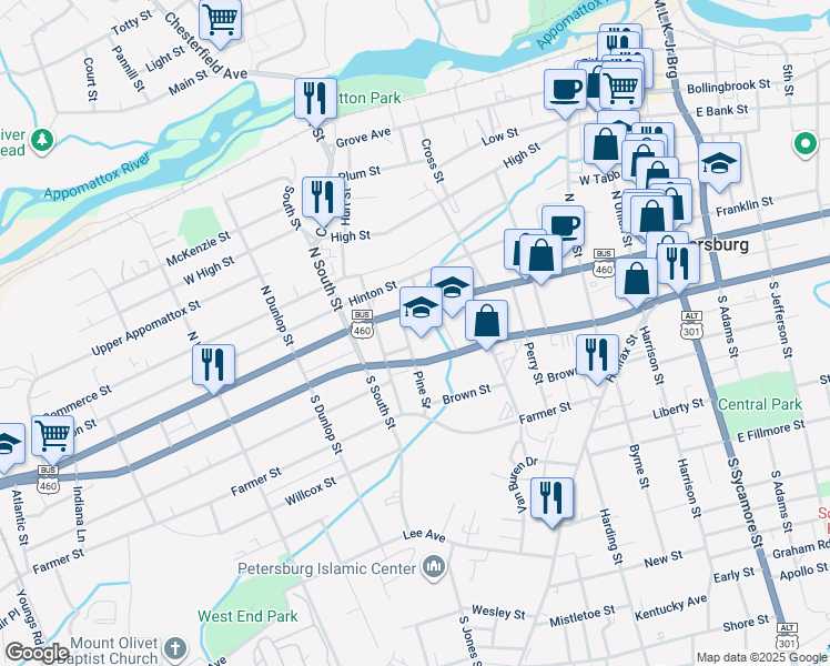 map of restaurants, bars, coffee shops, grocery stores, and more near 21 Pine Street in Petersburg