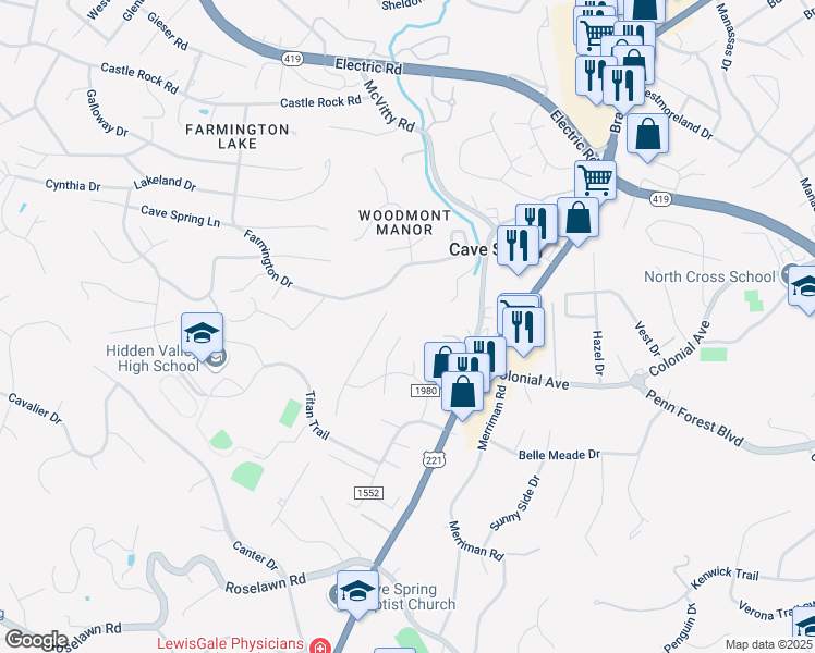 map of restaurants, bars, coffee shops, grocery stores, and more near 4650 Shrewsbury Court in Roanoke