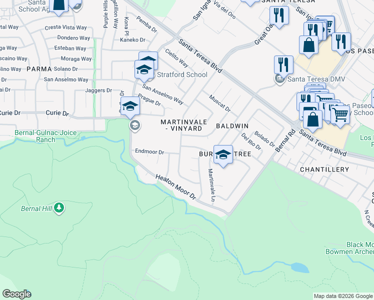 map of restaurants, bars, coffee shops, grocery stores, and more near 6846 Aintree Drive in San Jose