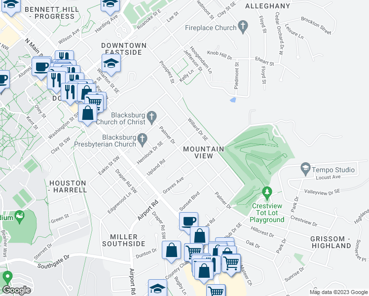 map of restaurants, bars, coffee shops, grocery stores, and more near 903 Palmer Drive in Blacksburg