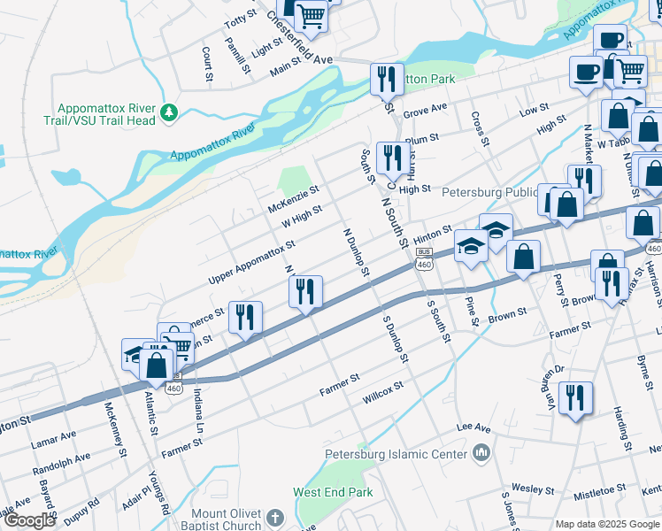 map of restaurants, bars, coffee shops, grocery stores, and more near 934 Commerce Street in Petersburg