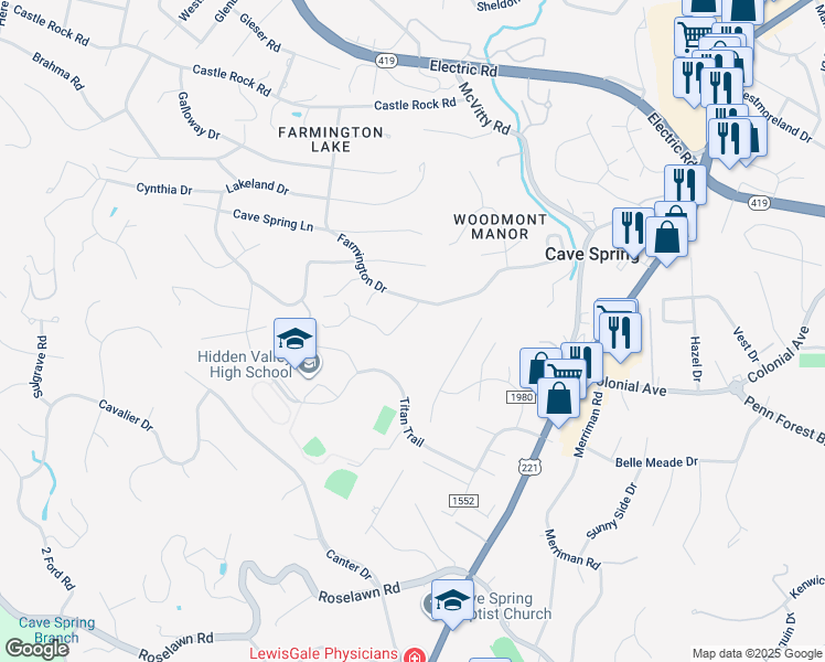 map of restaurants, bars, coffee shops, grocery stores, and more near 3522 Holland Drive in Cave Spring