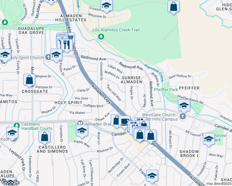 map of restaurants, bars, coffee shops, grocery stores, and more near 6374 Farm Hill Way in San Jose