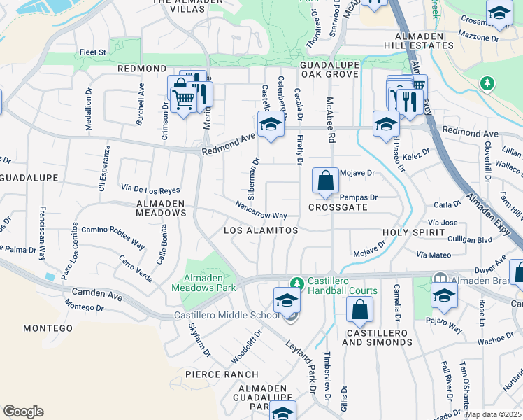 map of restaurants, bars, coffee shops, grocery stores, and more near 6329 Desert Flame Drive in San Jose