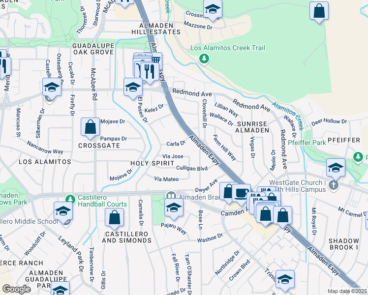 map of restaurants, bars, coffee shops, grocery stores, and more near 1122 Carla Drive in San Jose