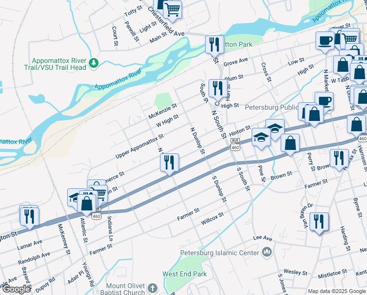 map of restaurants, bars, coffee shops, grocery stores, and more near 934 Commerce Street in Petersburg